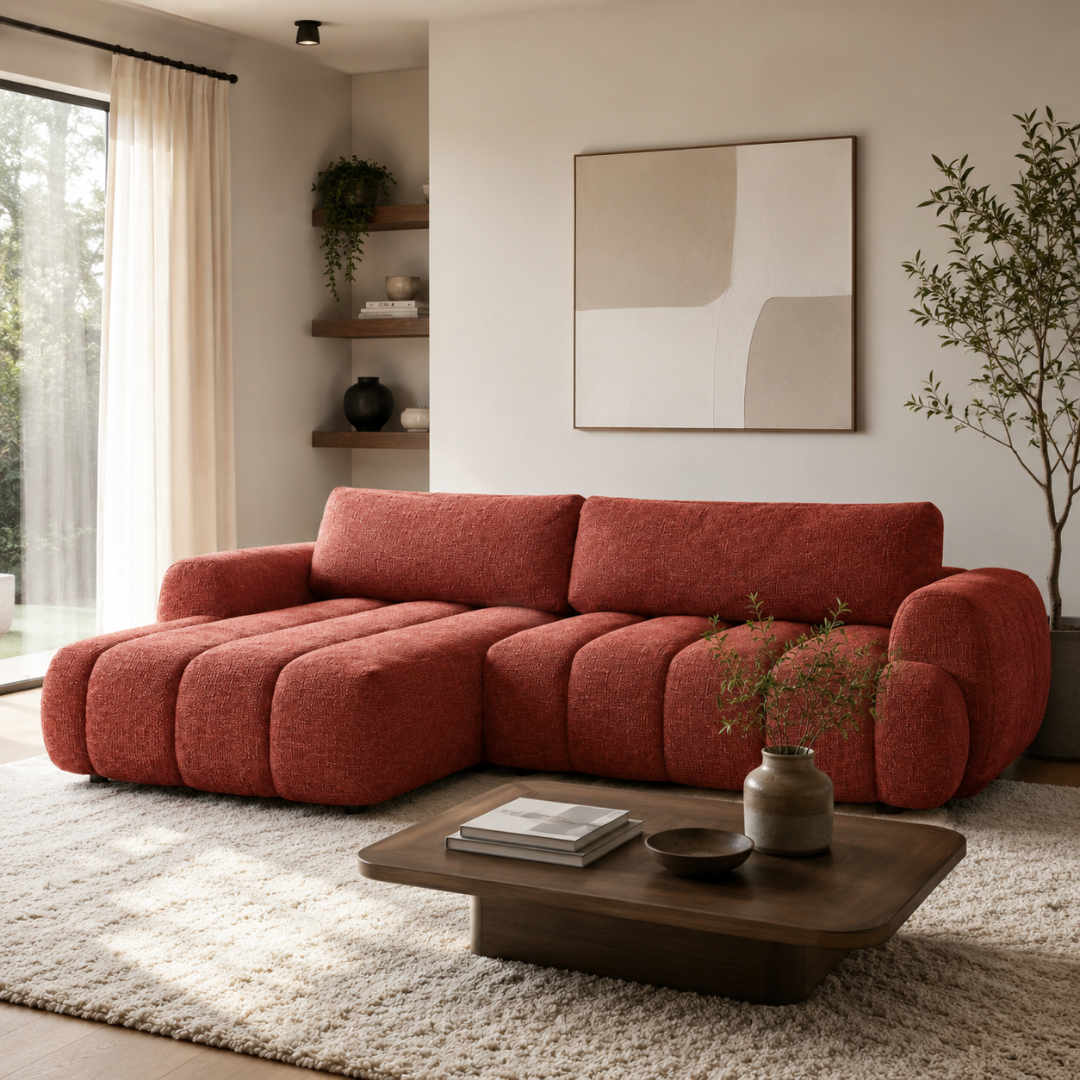 Corner Sofa Left with Sleeper & Storage – Ruby Red