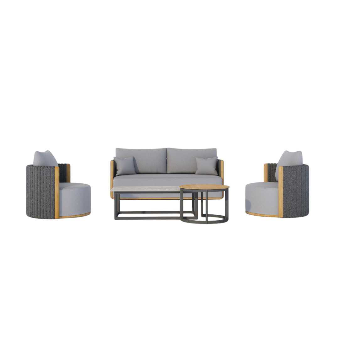 Garden Sofa Set of 5 – Wood-Look Aluminum, Teak & Grey