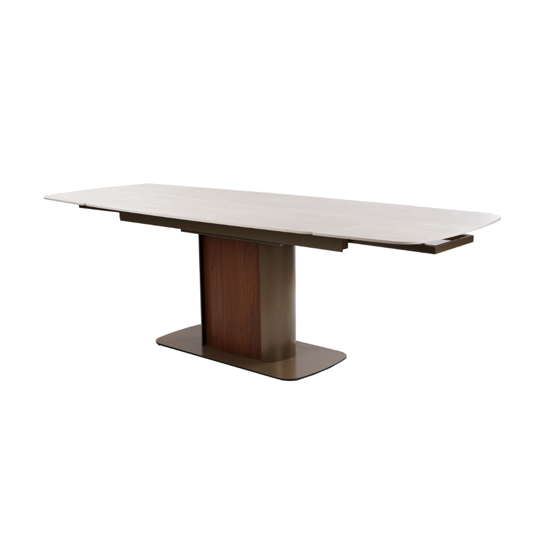 Extendable Ceramic Table W160 x D90 x H76 cm– White Cave Stone & Walnut