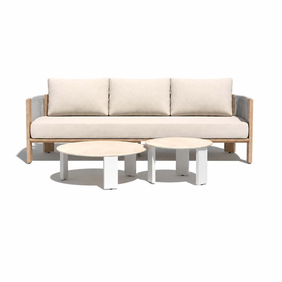 Set 3-Seater Sofa + 2 Round Coffee Table Aluminium Rope Lounge – Wood-Tone
