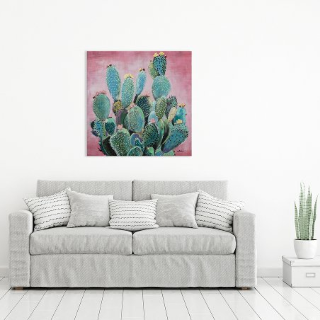 Green Cactus in Front of Pink Background Acrylic Painting - 80x80 cm