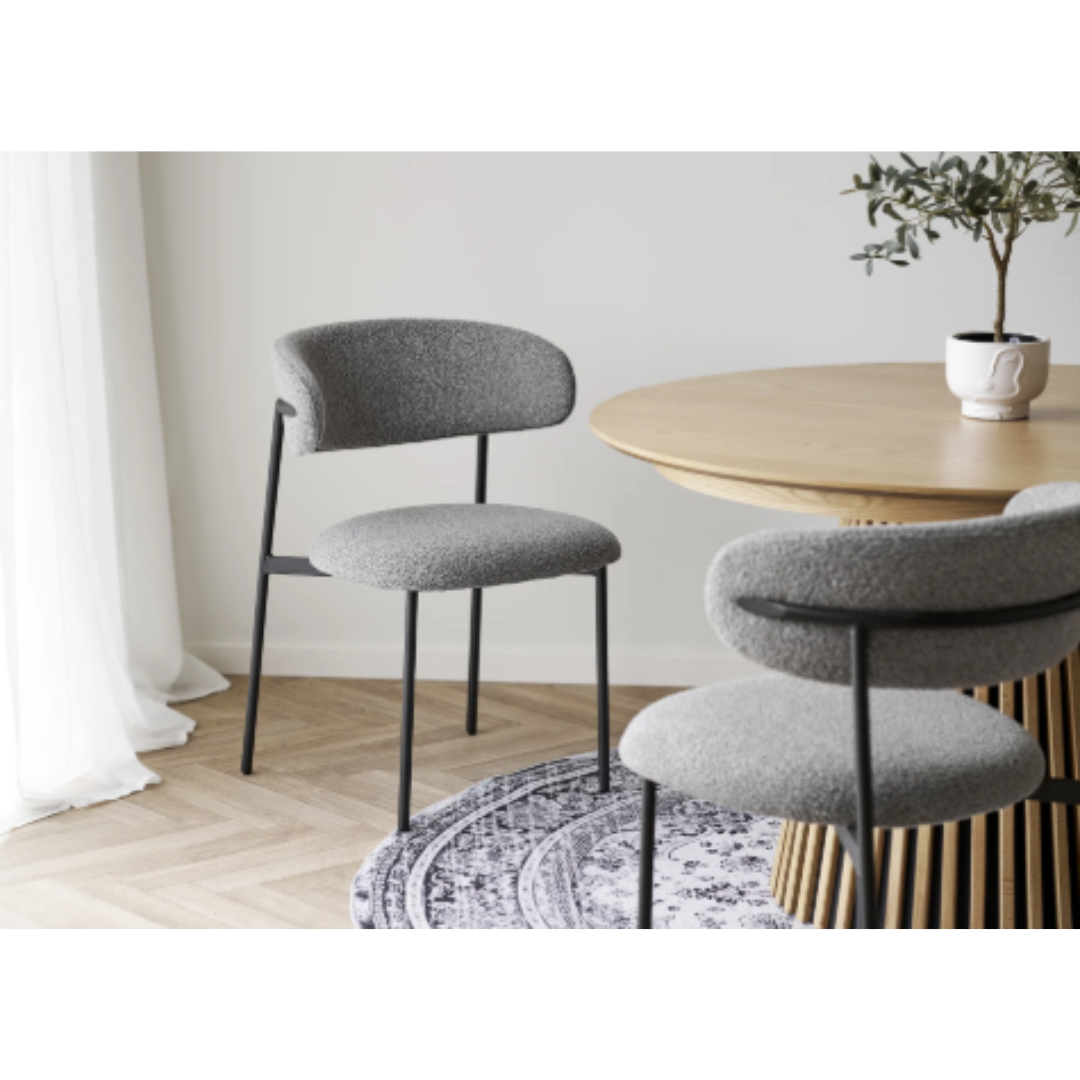 Dining Chair Boucle - Light Grey Black Legs