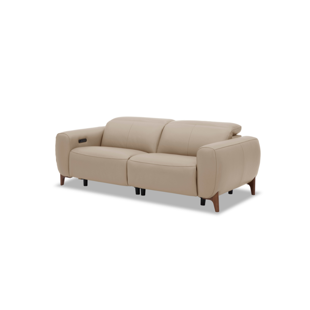 2 Seater Sofa with Electric Recliner & Lumbar Support  – Wooden Legs Warm Beige