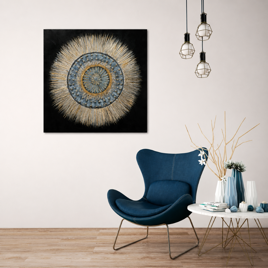 Blue-Grey 3D Mandala Acrylic Painting – 100x100 cm