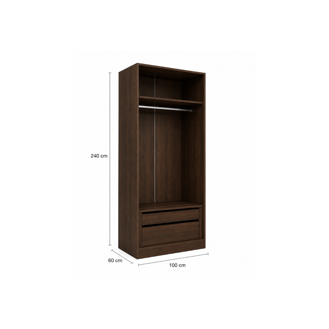 Wardrobe with Shelves 100x240cm, Hanging Rail & Drawer - Dark Walnut