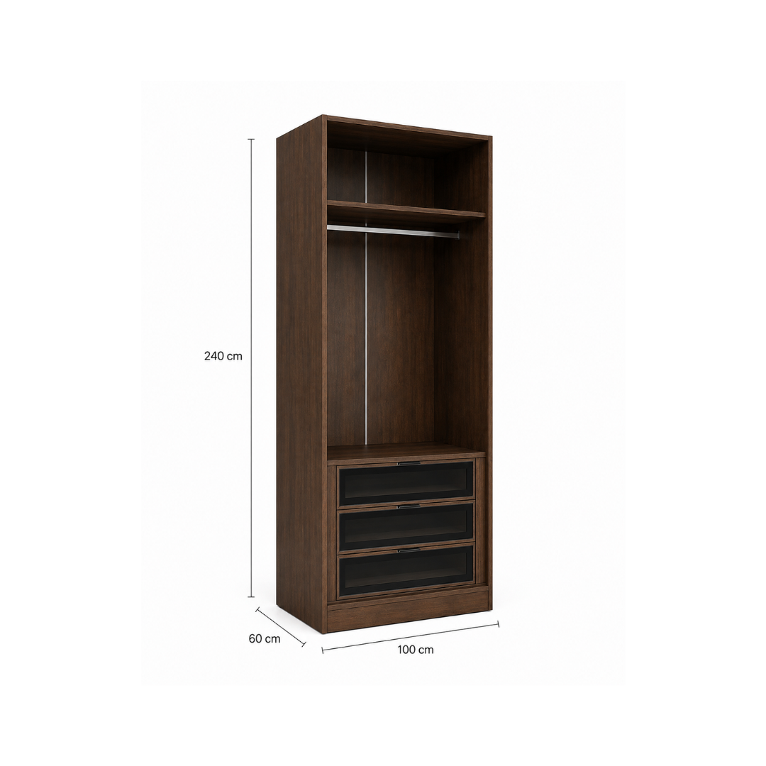 Wardrobe with Shelves 100x240 cm, Hanging Rail & Glass Drawers – Dark Walnut