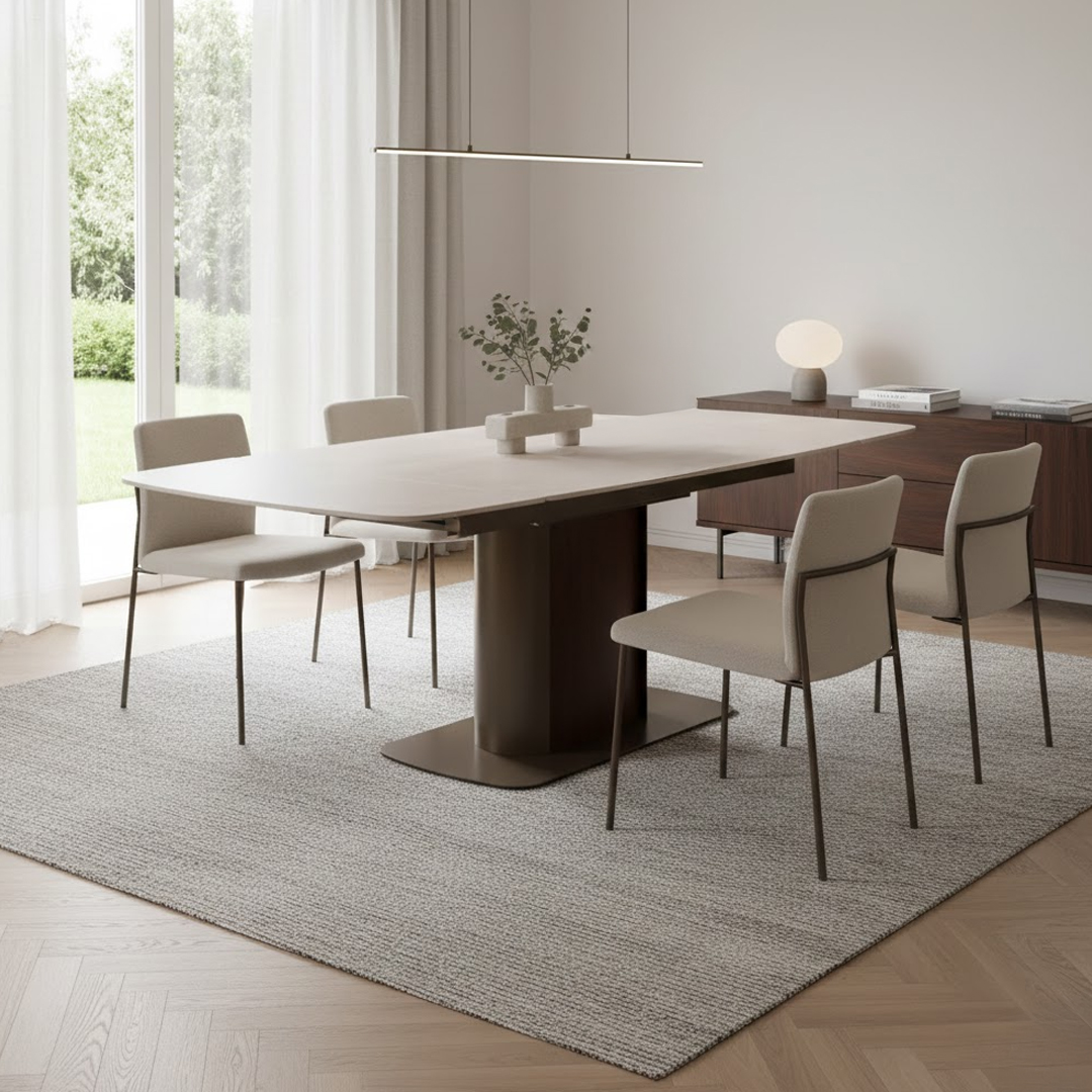 Extendable Ceramic Table W160 x D90 x H76 cm– White Cave Stone & Walnut
