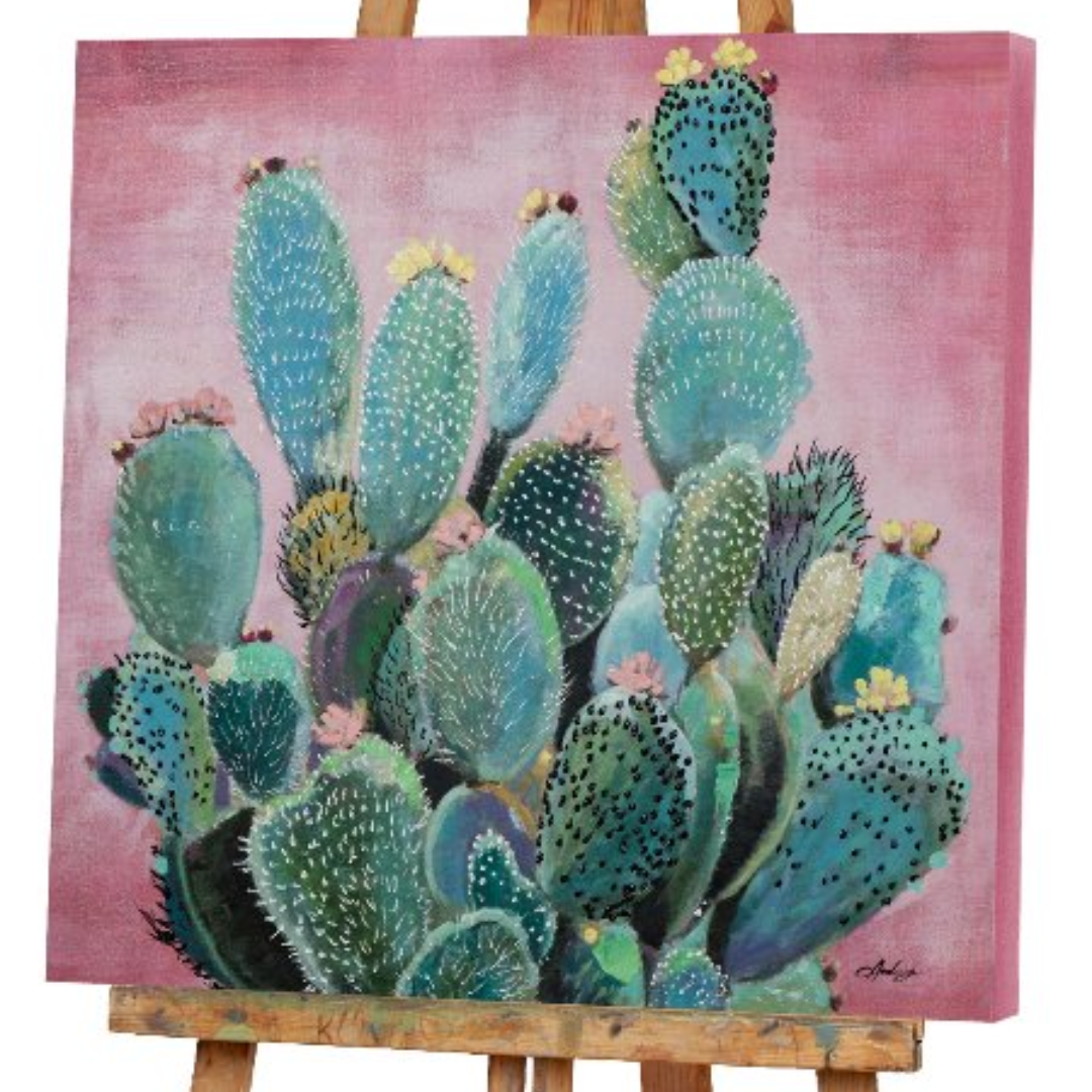 Green Cactus in Front of Pink Background Acrylic Painting - 80x80 cm