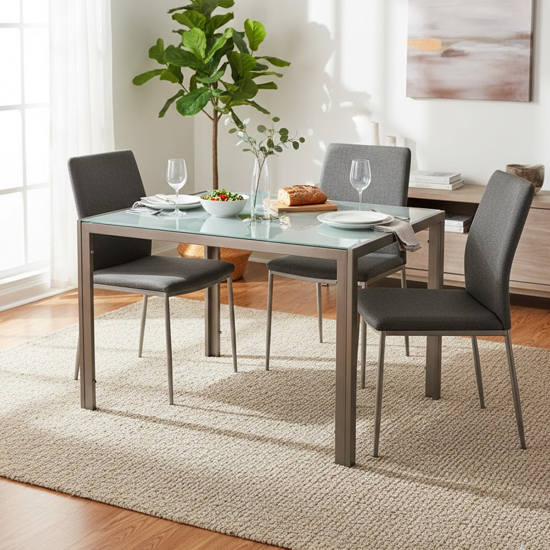 Dining Table L12 X W80 X H75 c.m – Tempered Glass & Beige Metal