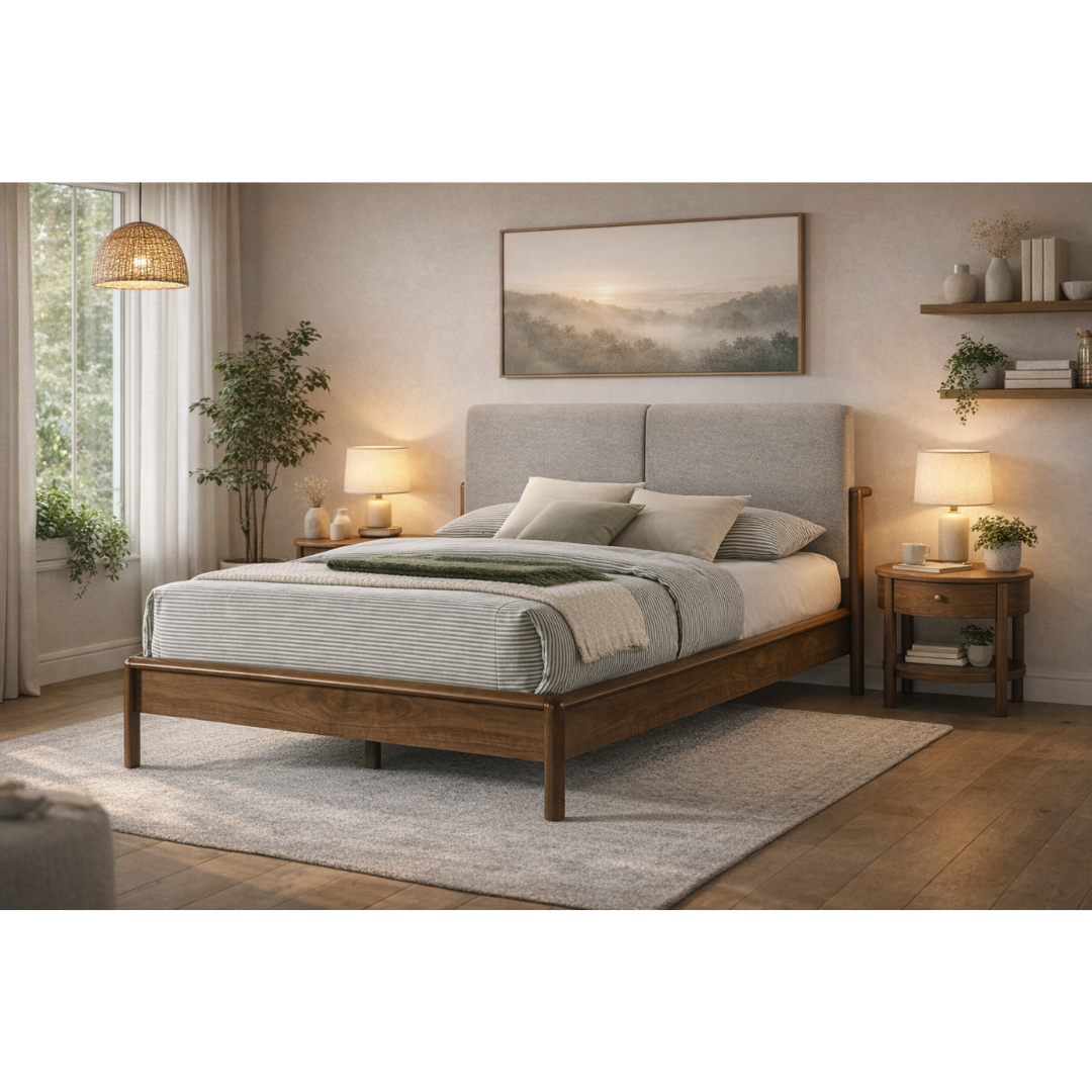 Queen Bed 165×205 cm – Grey/ Natural Walnut