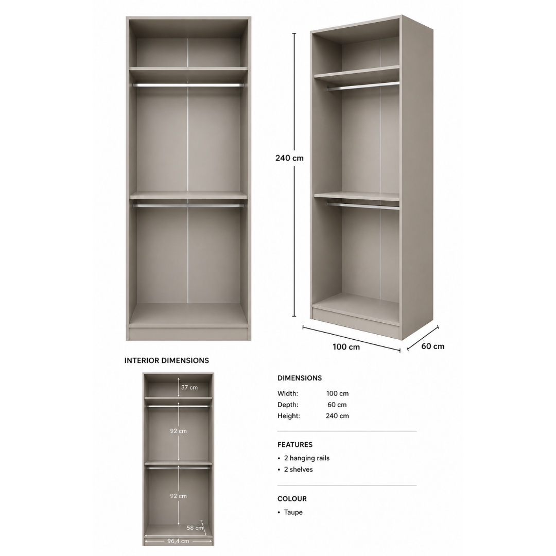 Wardrobe 100x240cm– Shelves & Hanging Rail Taupe