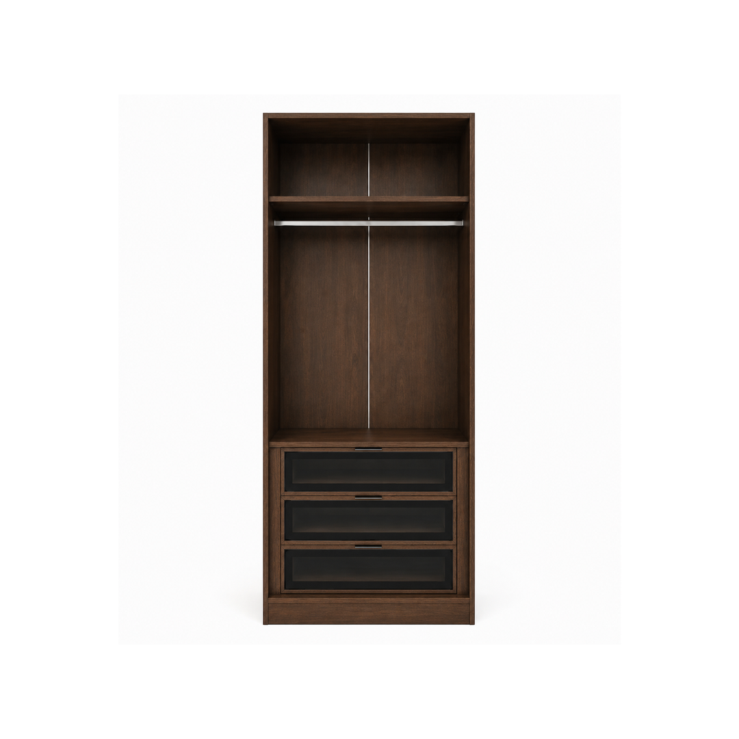 Wardrobe with Shelves 100x240 cm, Hanging Rail & Glass Drawers – Dark Walnut